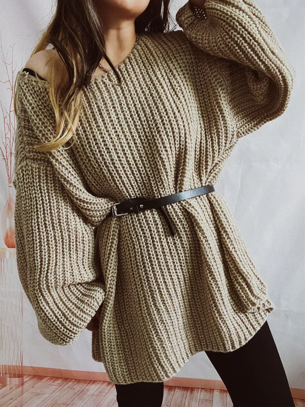 Boat Neck Long Sleeve Sweater with Belt, image 5