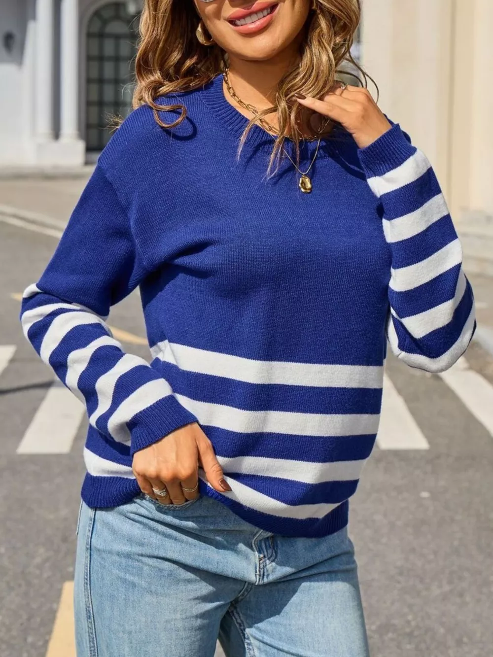 Striped Trim Crew Neck Sweater, image 13