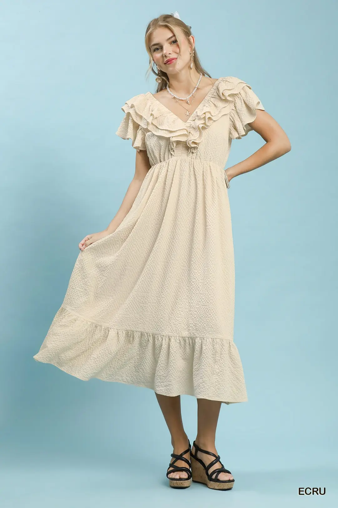 Textured Ruffle Midi Dress