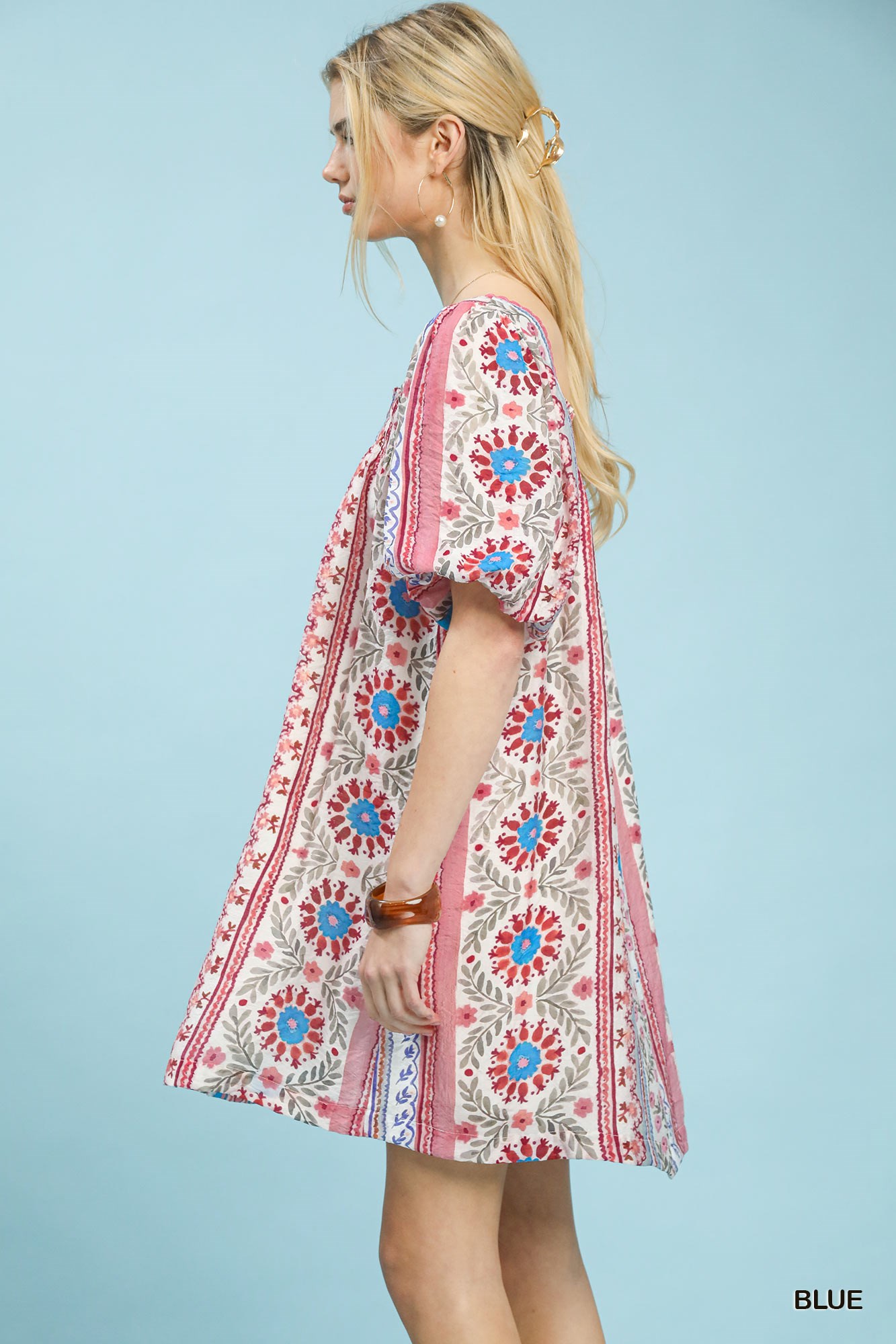 Mixed Print Puff Sleeve Mini Dress, image 2