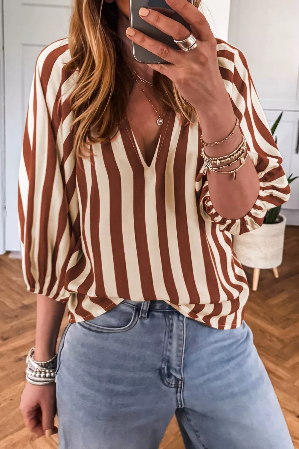 Striped Notched Half Sleeve Casual Blouse, image 2