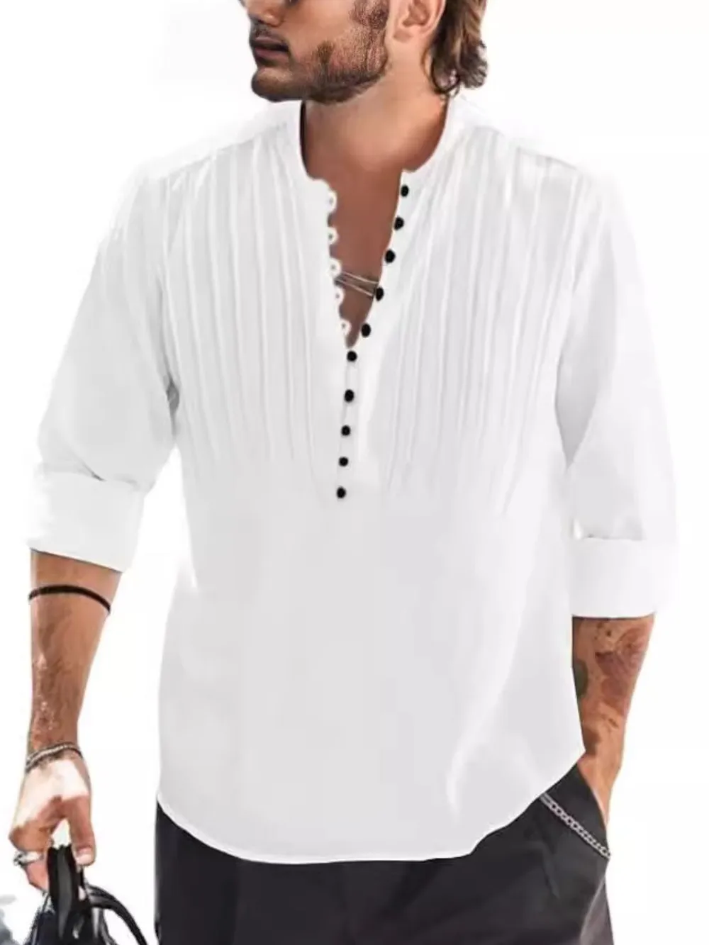 Men's Full Size Button Detail Long Sleeve Polo Plus Size, image 3