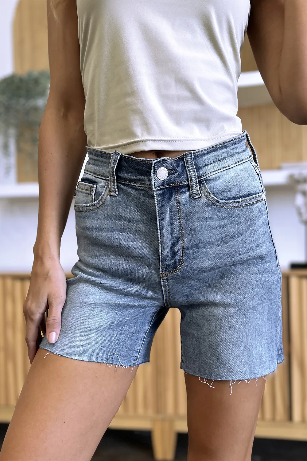 Full Size High Waist Raw Hem Denim Shorts, image 12