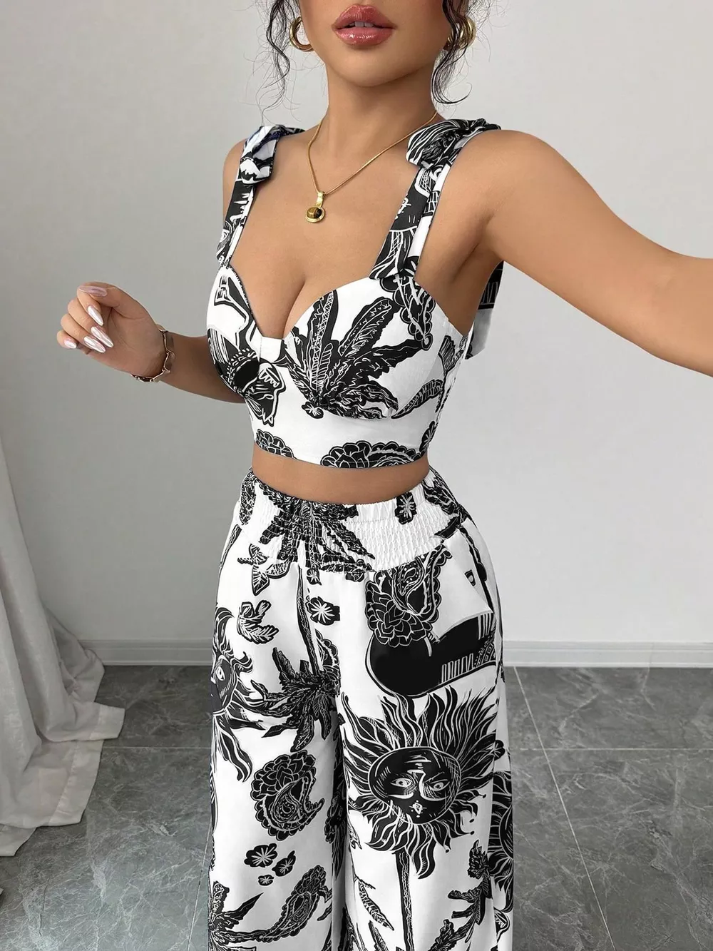 Floral Print Crop Top and Wide Leg Pants Set, image 15