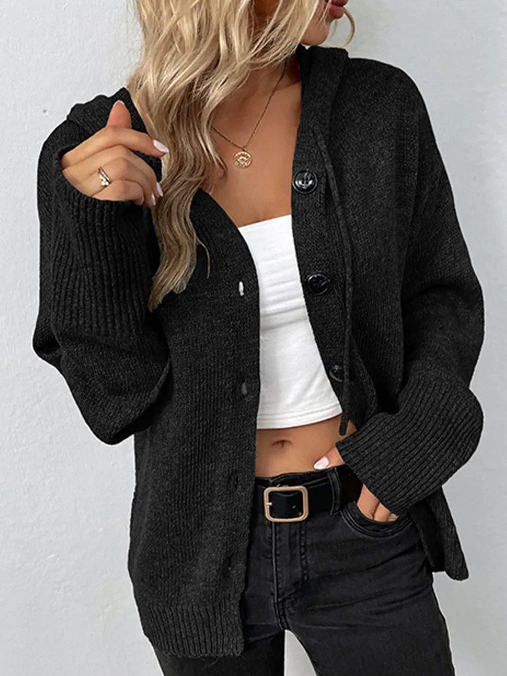 Drawstring Button Up Hooded Cardigan, image 5