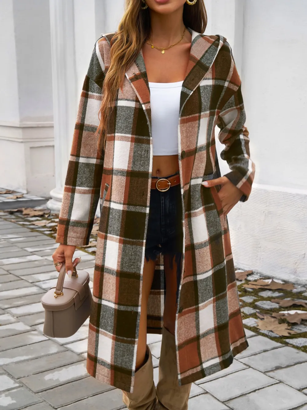 Plaid Long Sleeve Hooded Coat, image 5