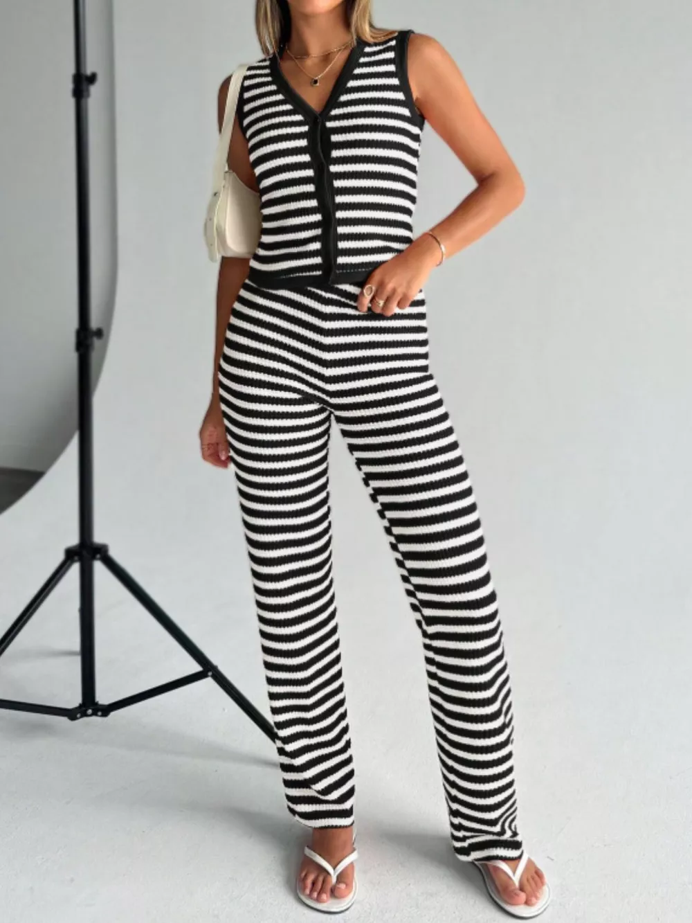 Striped Knit V-Neck Button-Up Sleeveless Top and Flare Pants Set, image 16