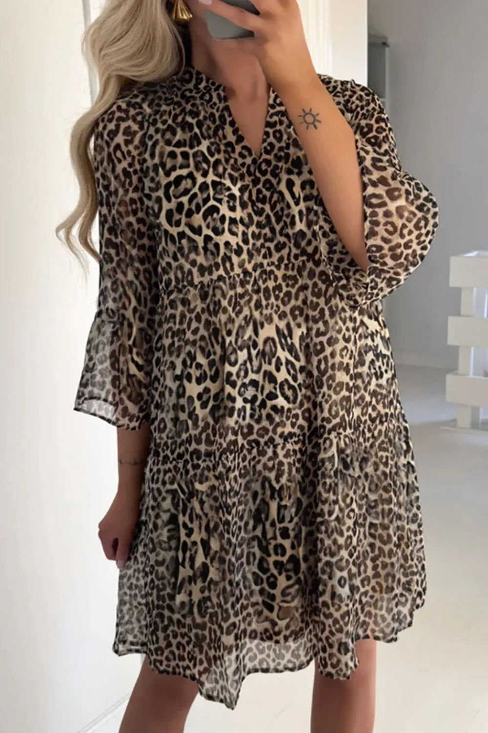 Leopard Print Relaxed Fit Notched Dress, image 2