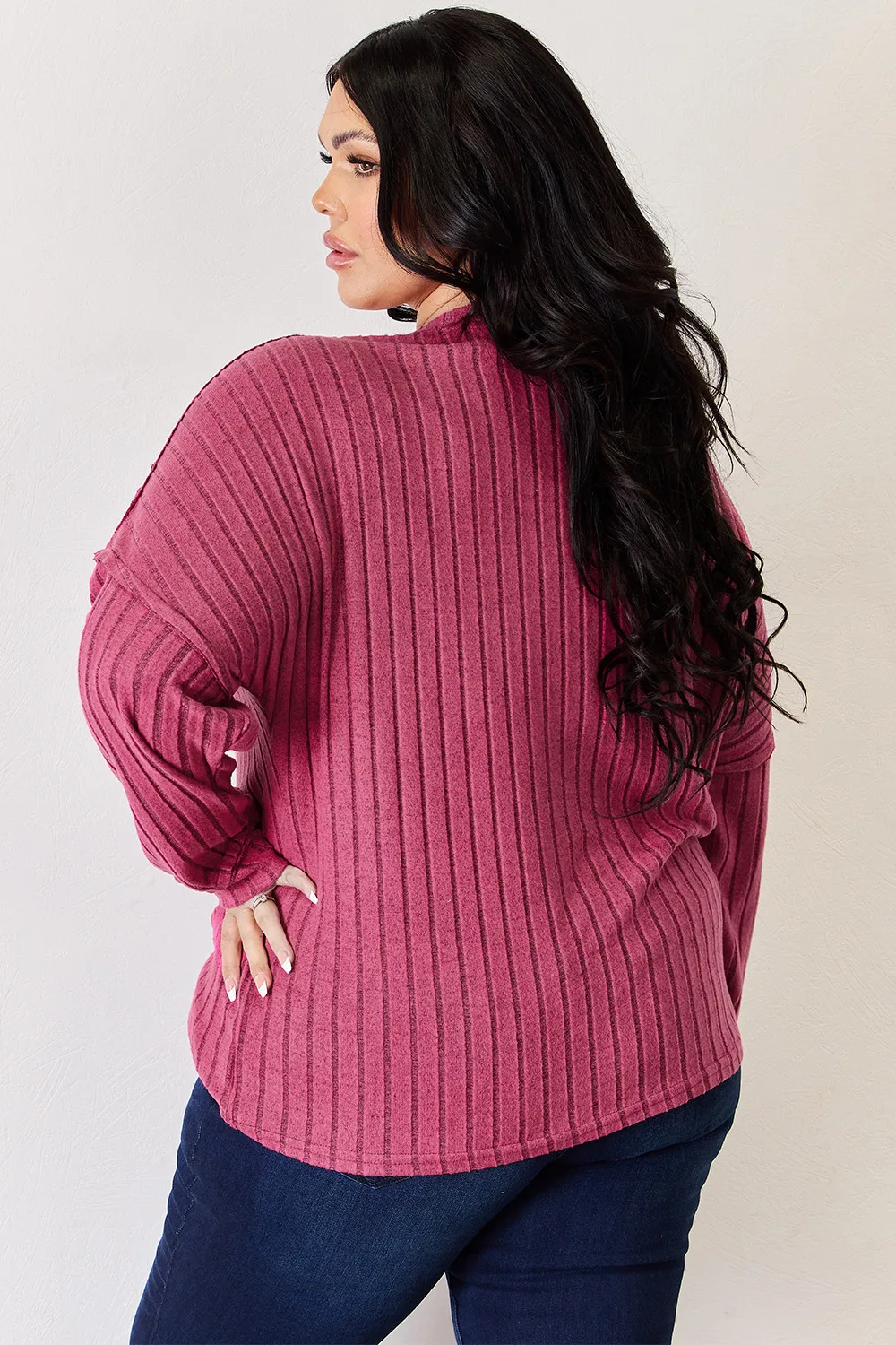 Full Size Ribbed Half Button Long Sleeve High-Low T-Shirt, image 19