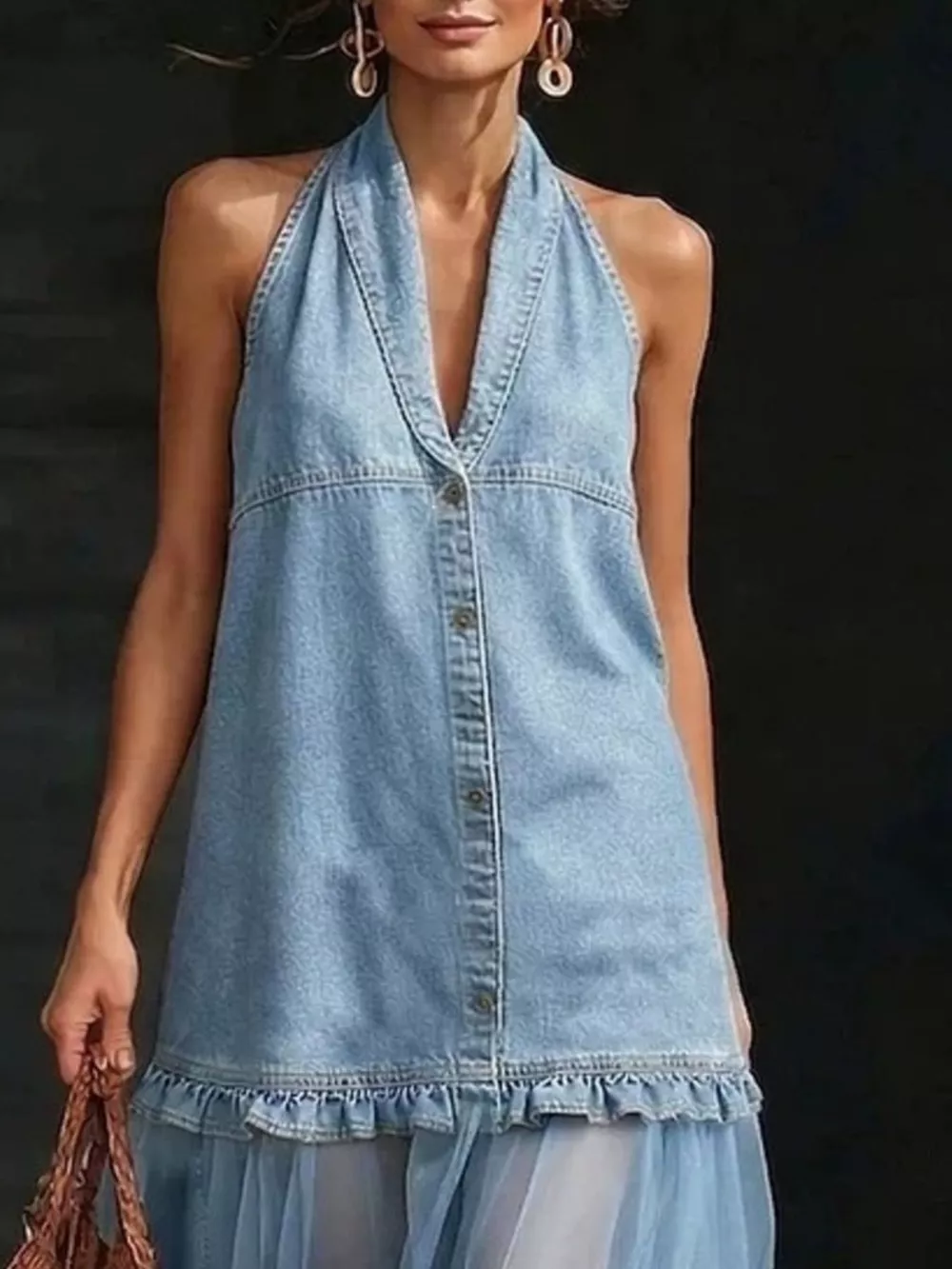 Full Size Ruffle Hem Sleeveless Sheer Tulle Denim Dress Plus Size, image 6