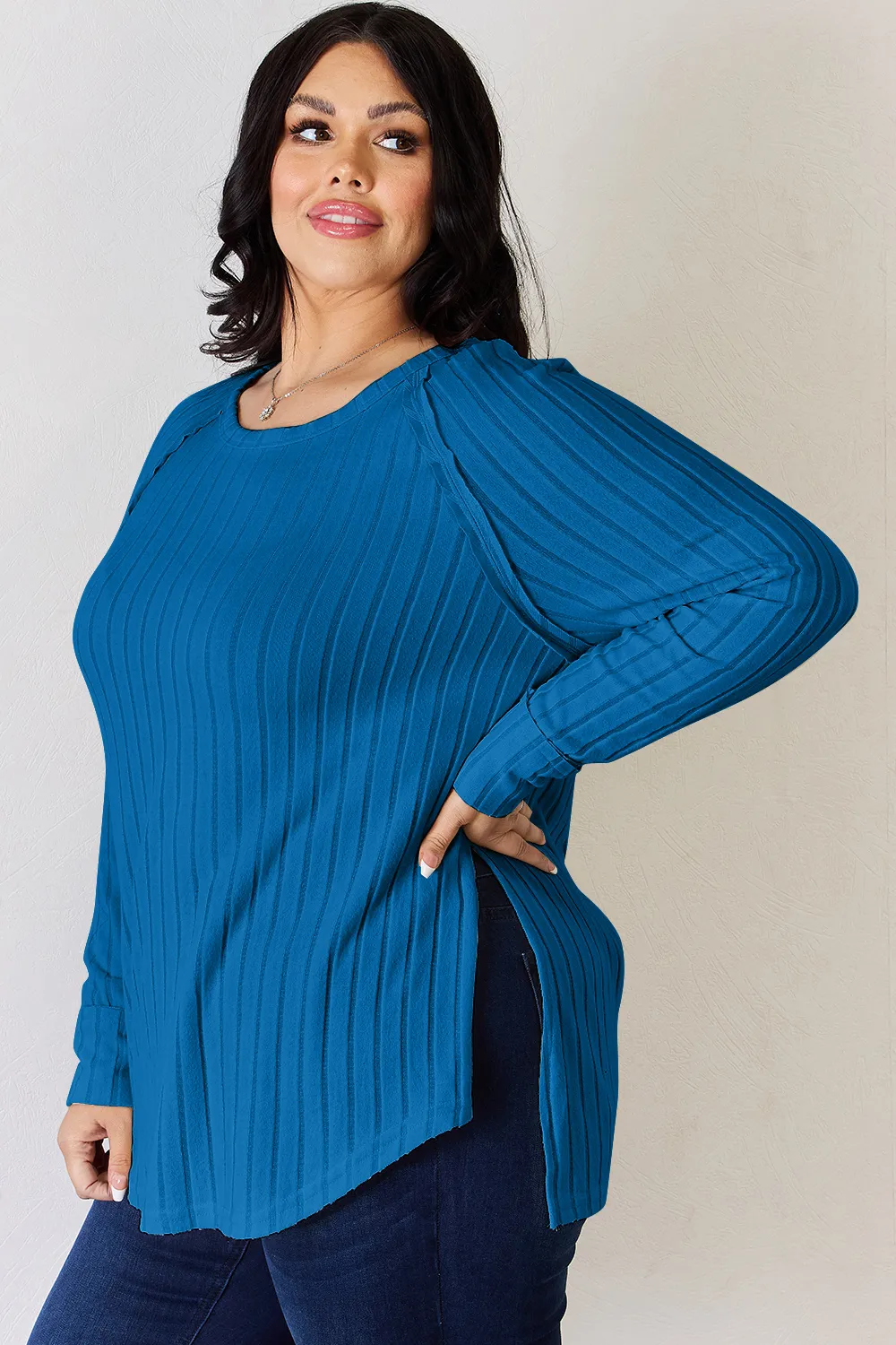 Full Size Ribbed Round Neck Slit T-Shirt, image 16