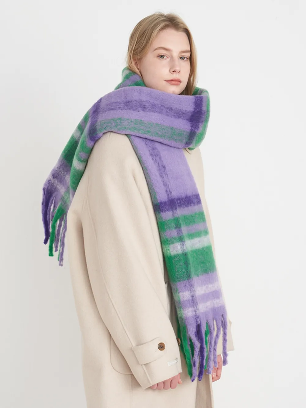 Fringe Plaid Polyester Scarf, image 3