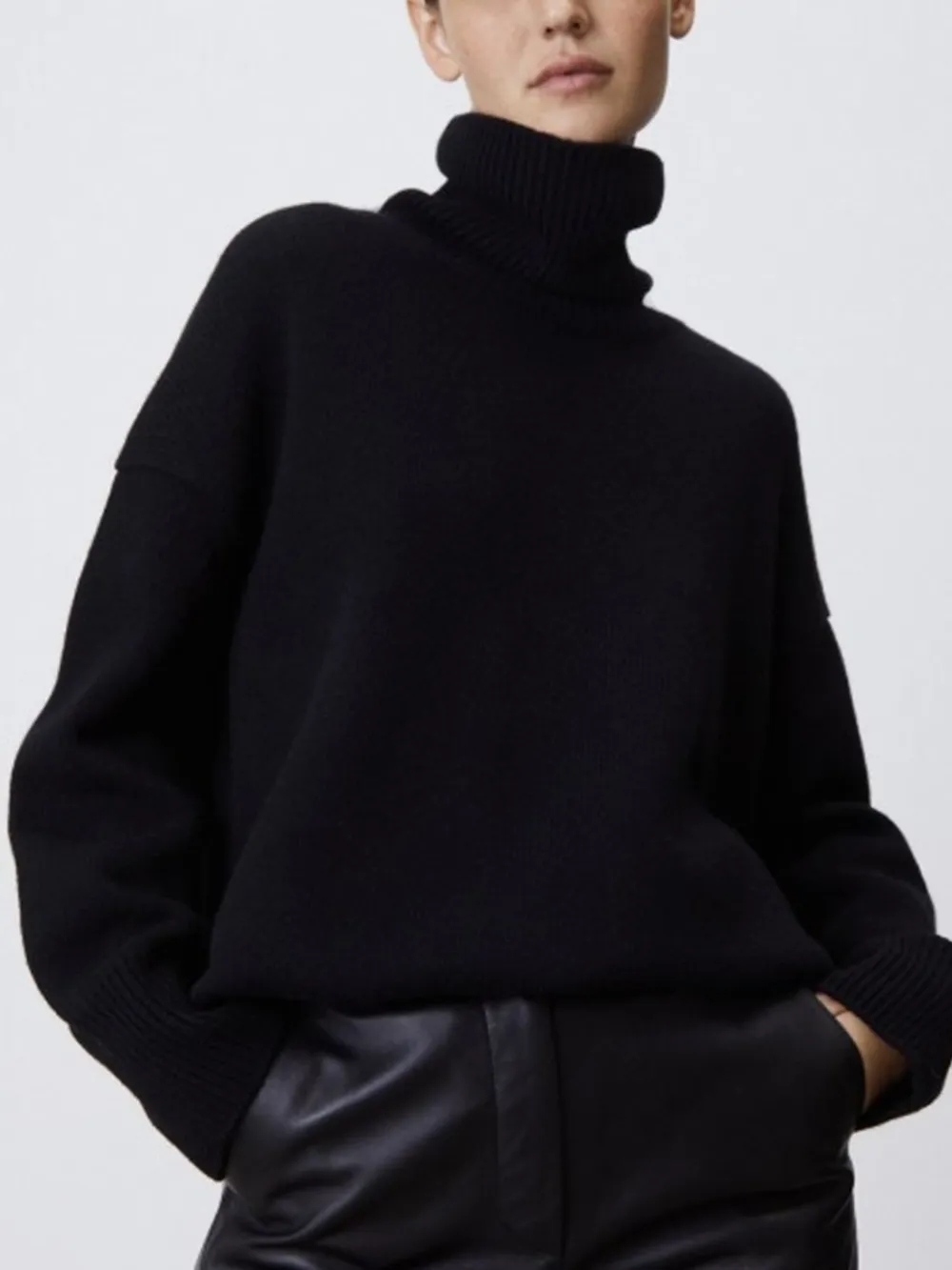 Ribbed Detail Turtleneck Dropped Shoulder Sweater, image 12