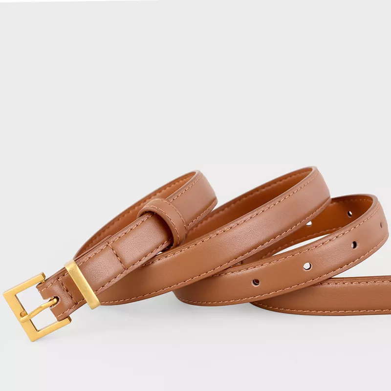 Leather Skinny Belt with Golden Buckle, image 4