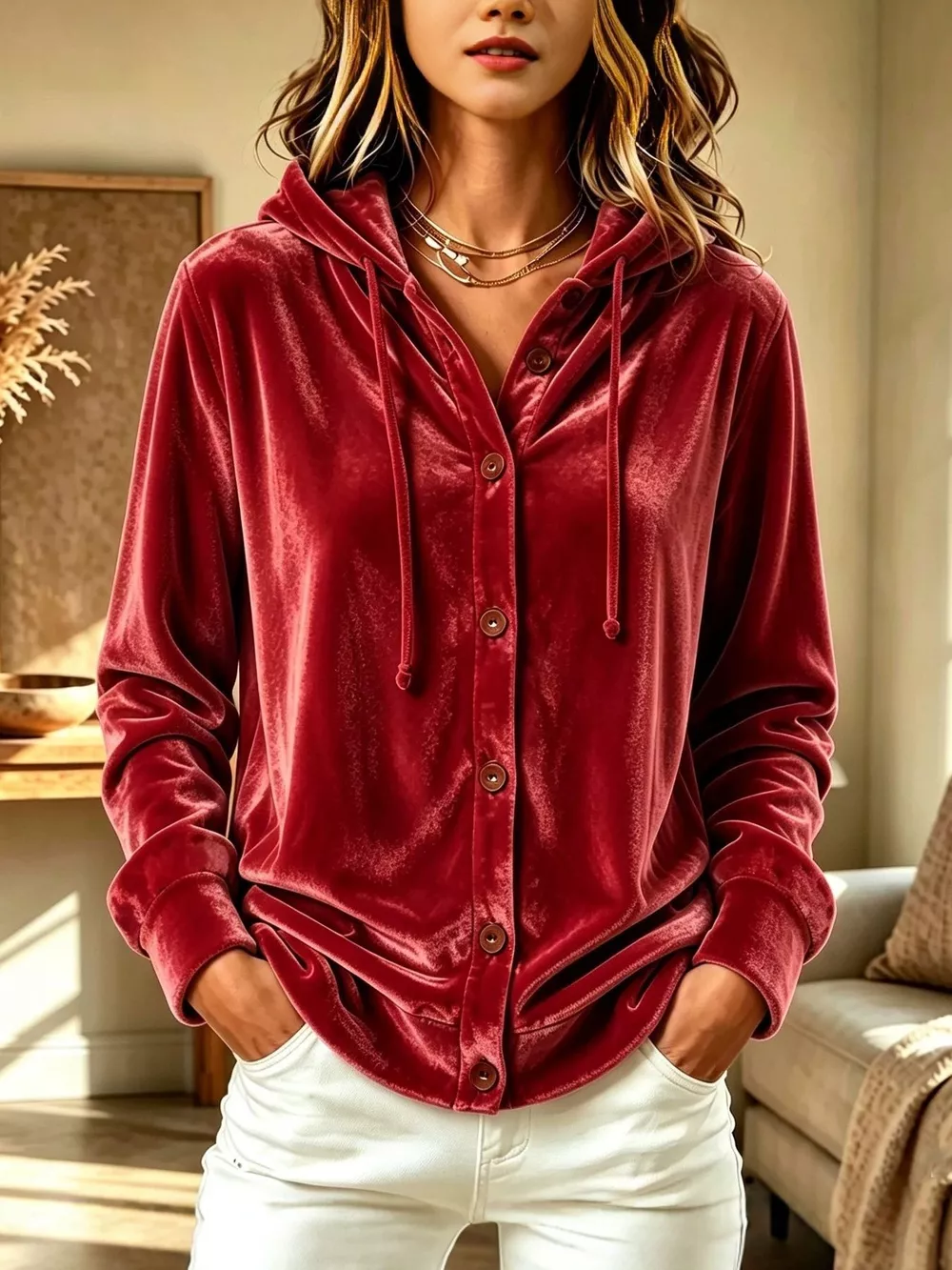 Full Size Velvet Button-Down Hooded Top Plus Size, image 7