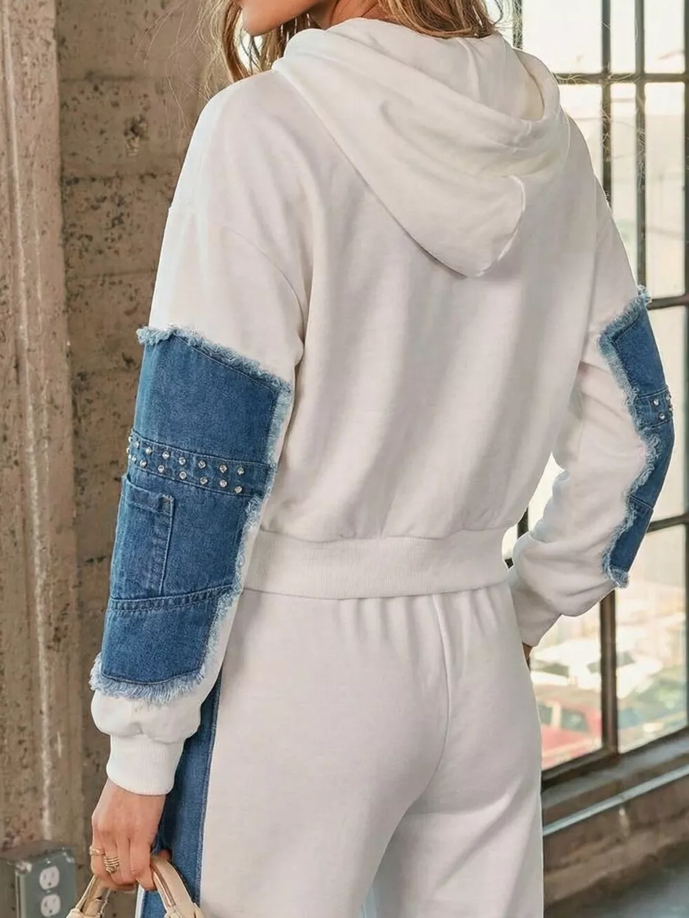 Full Size Studded Denim Patchwork Hoodie and Joggers Set Plus Size, image 4