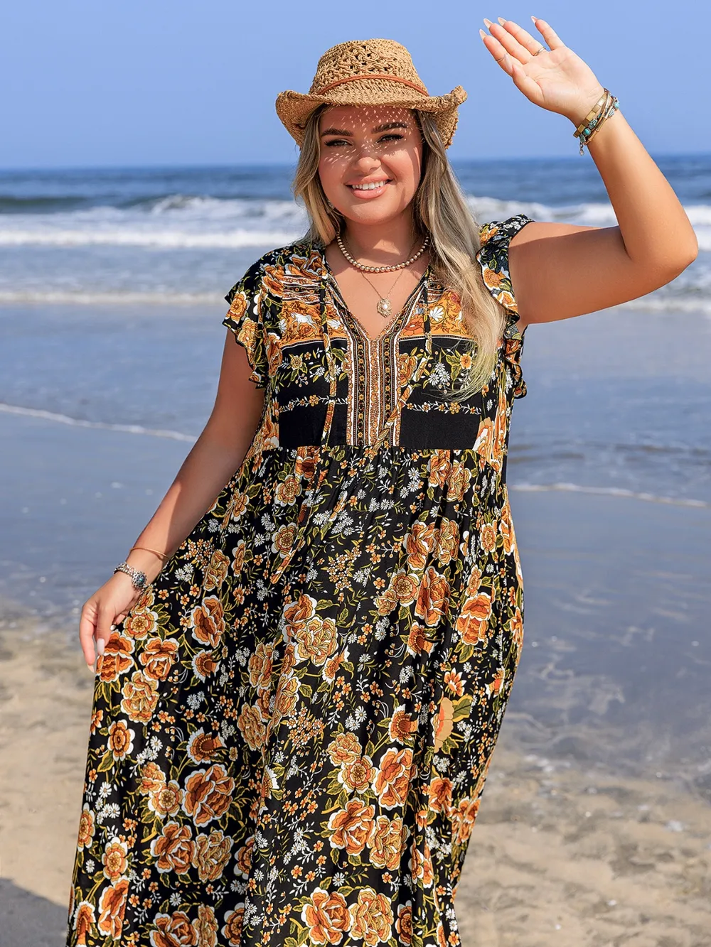Plus Size Printed V-Neck Ruffle Cap Sleeve Maxi Dress, image 6