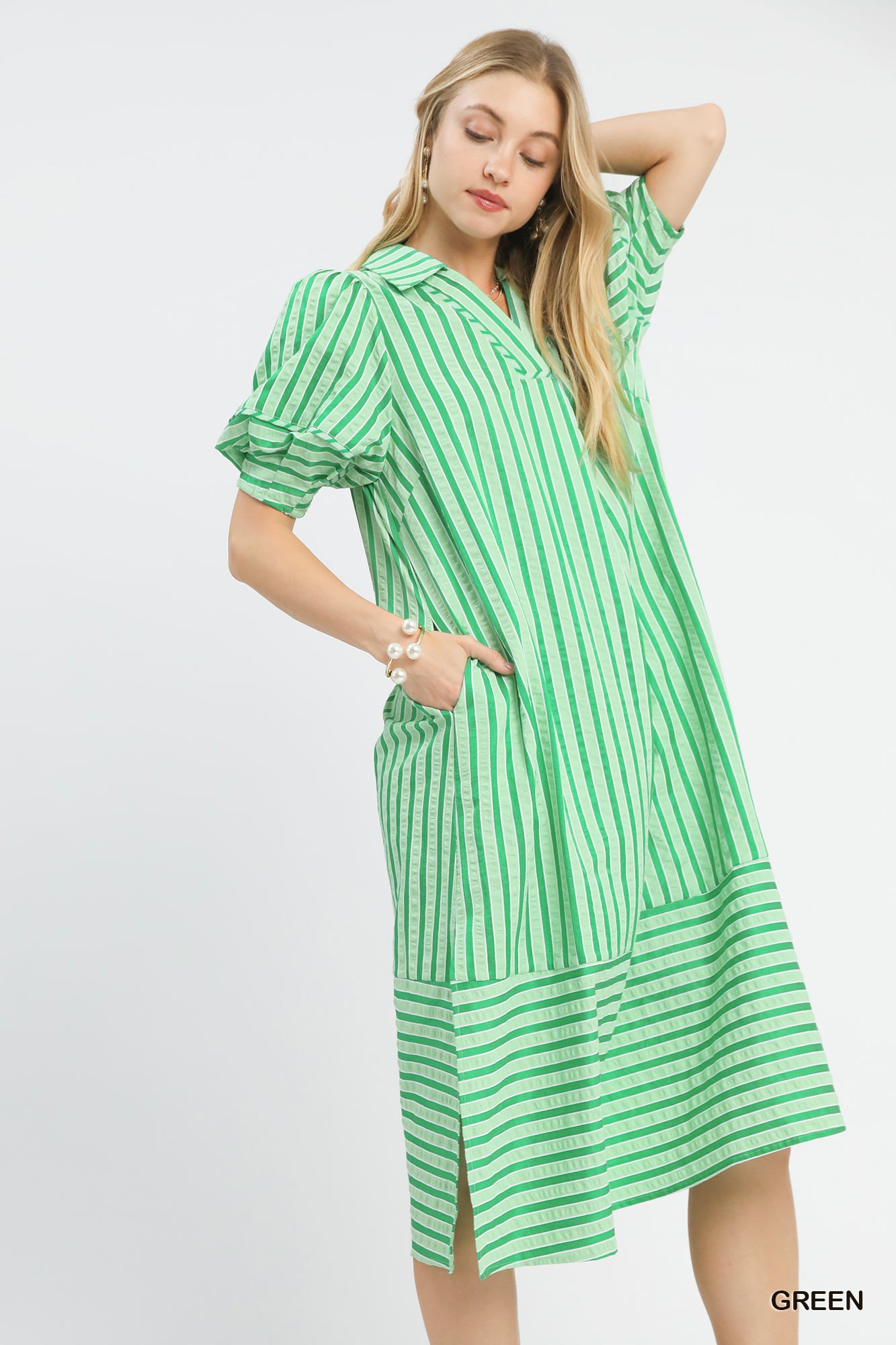 Striped Puff Sleeve Midi Dress, image 2
