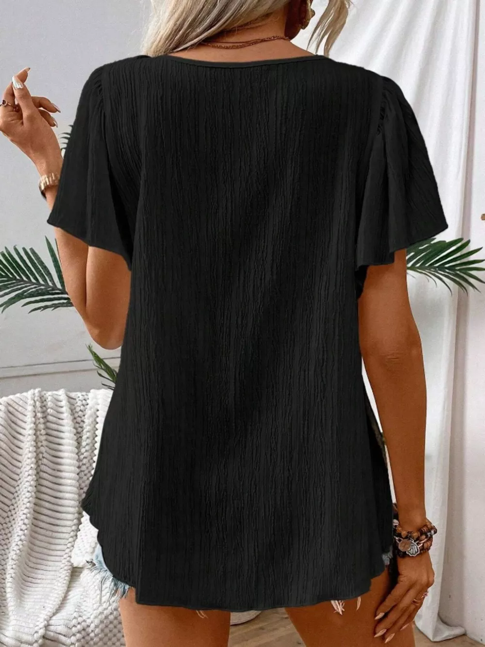 Embroidered Square Neck Flutter Sleeve Blouse, image 12