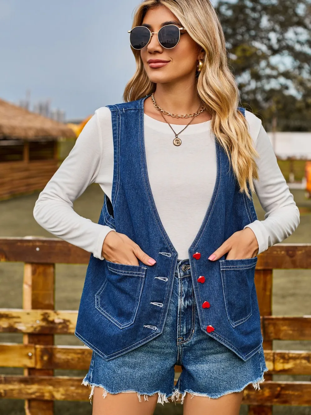 Pocketed Button Up Sleeveless Denim Jacket, image 3