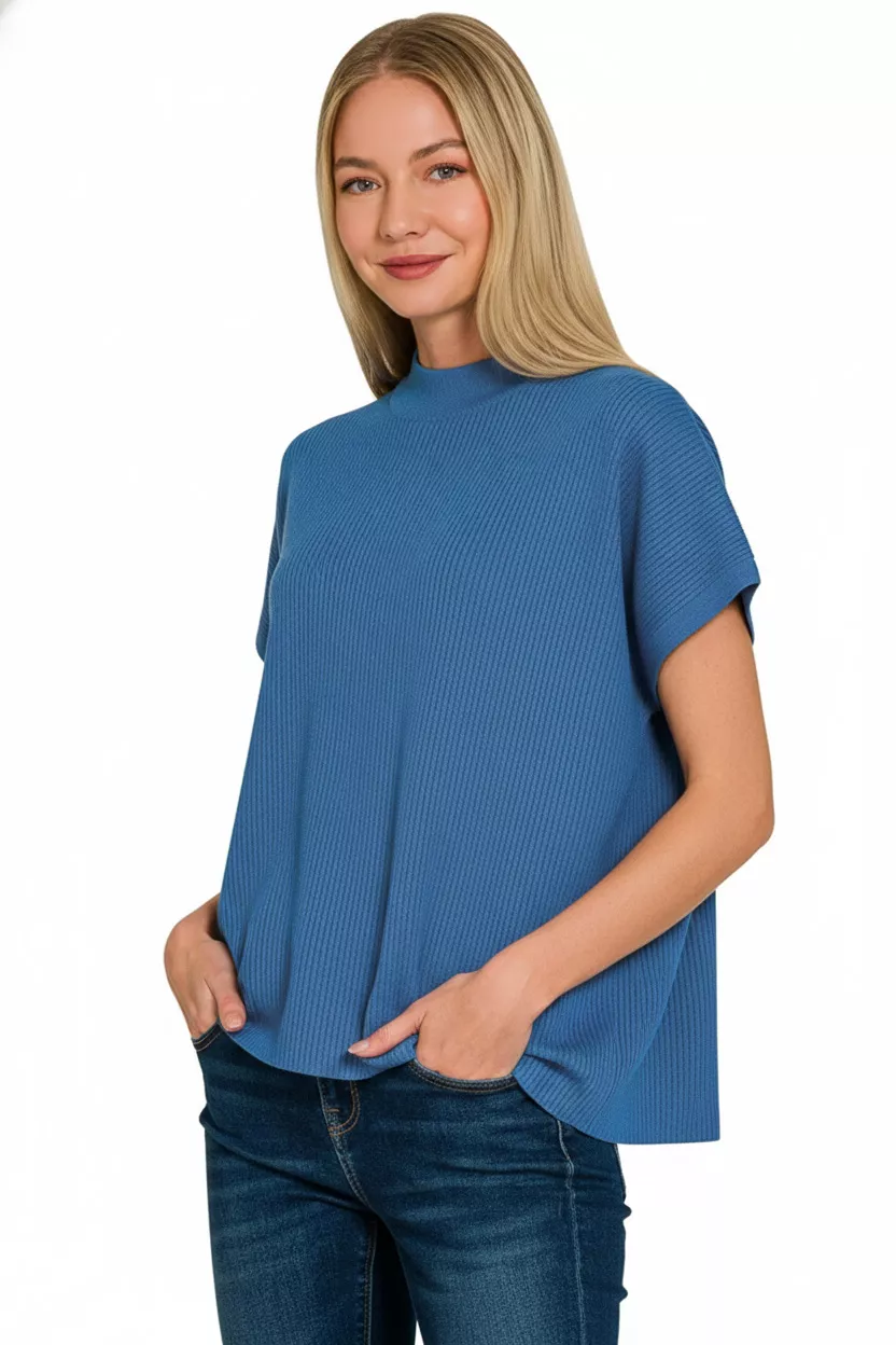 Viscose Mock Neck Short Sleeve Boxy Sweater, image 2