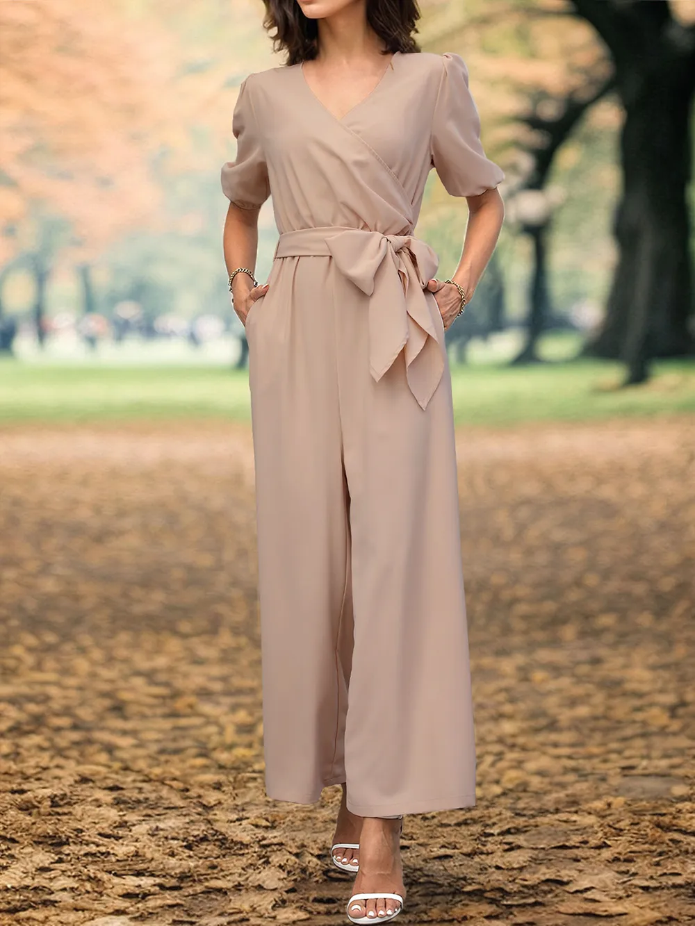 Tied Short Sleeve Wide Leg Jumpsuit, image 4