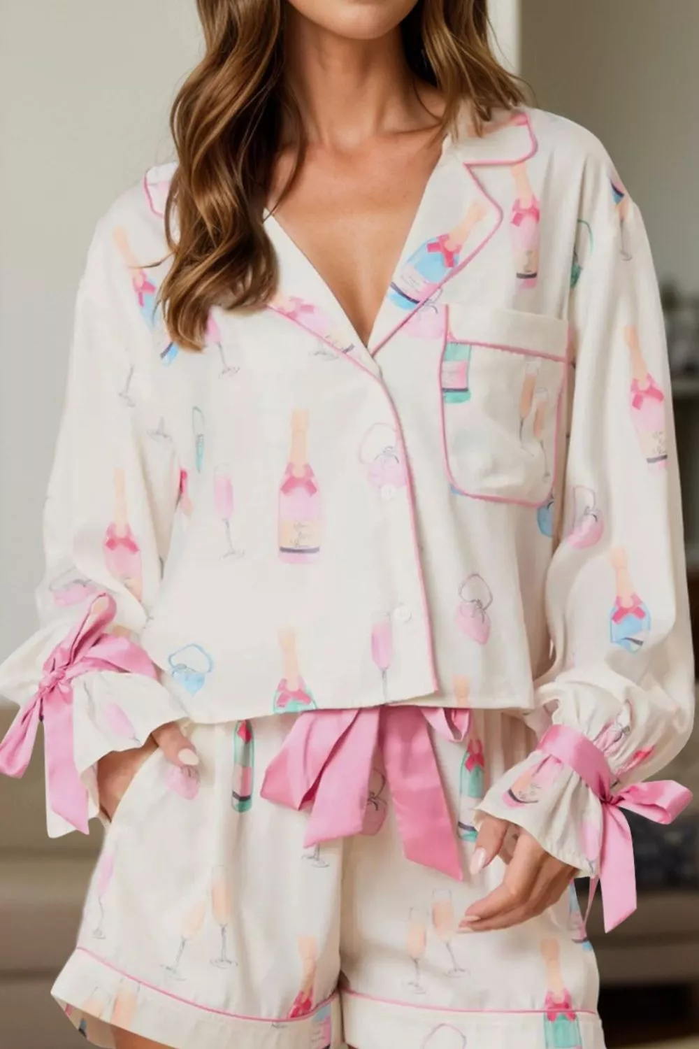 Bow Printed Collared Neck Top and Drawstring Shorts Lounge Set, image 5