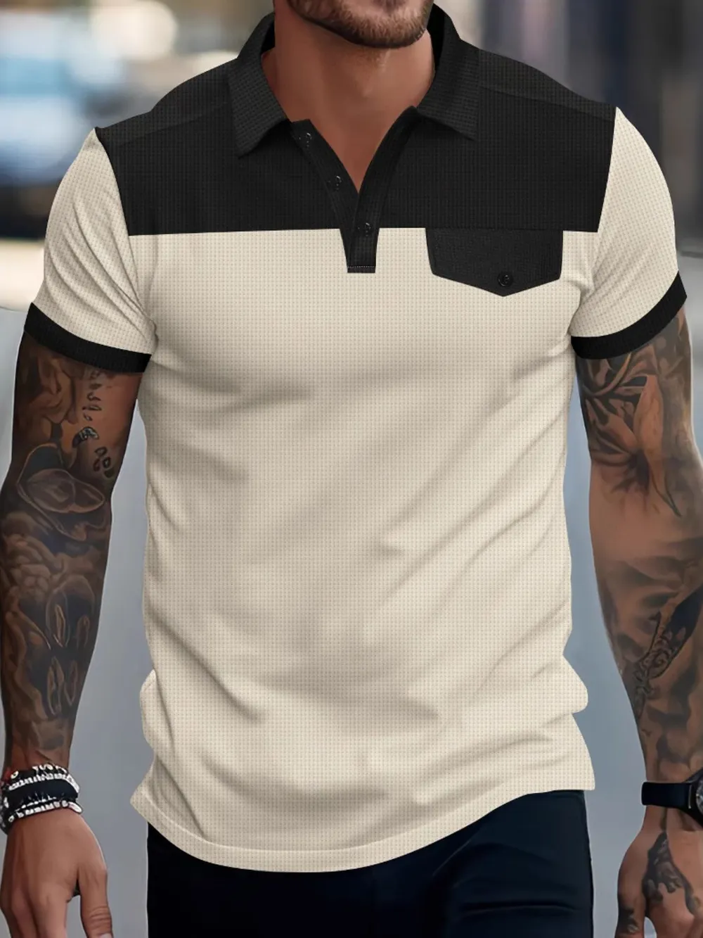 Men's Full Size Waffle-Knit Collared Contrast Polo Plus Size