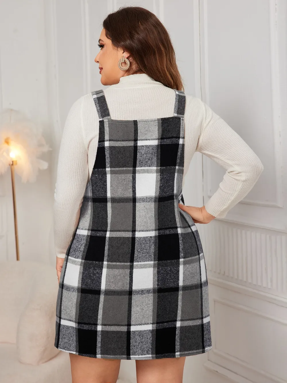 Plus Size Plaid Wide Strap Overall Dress, image 8