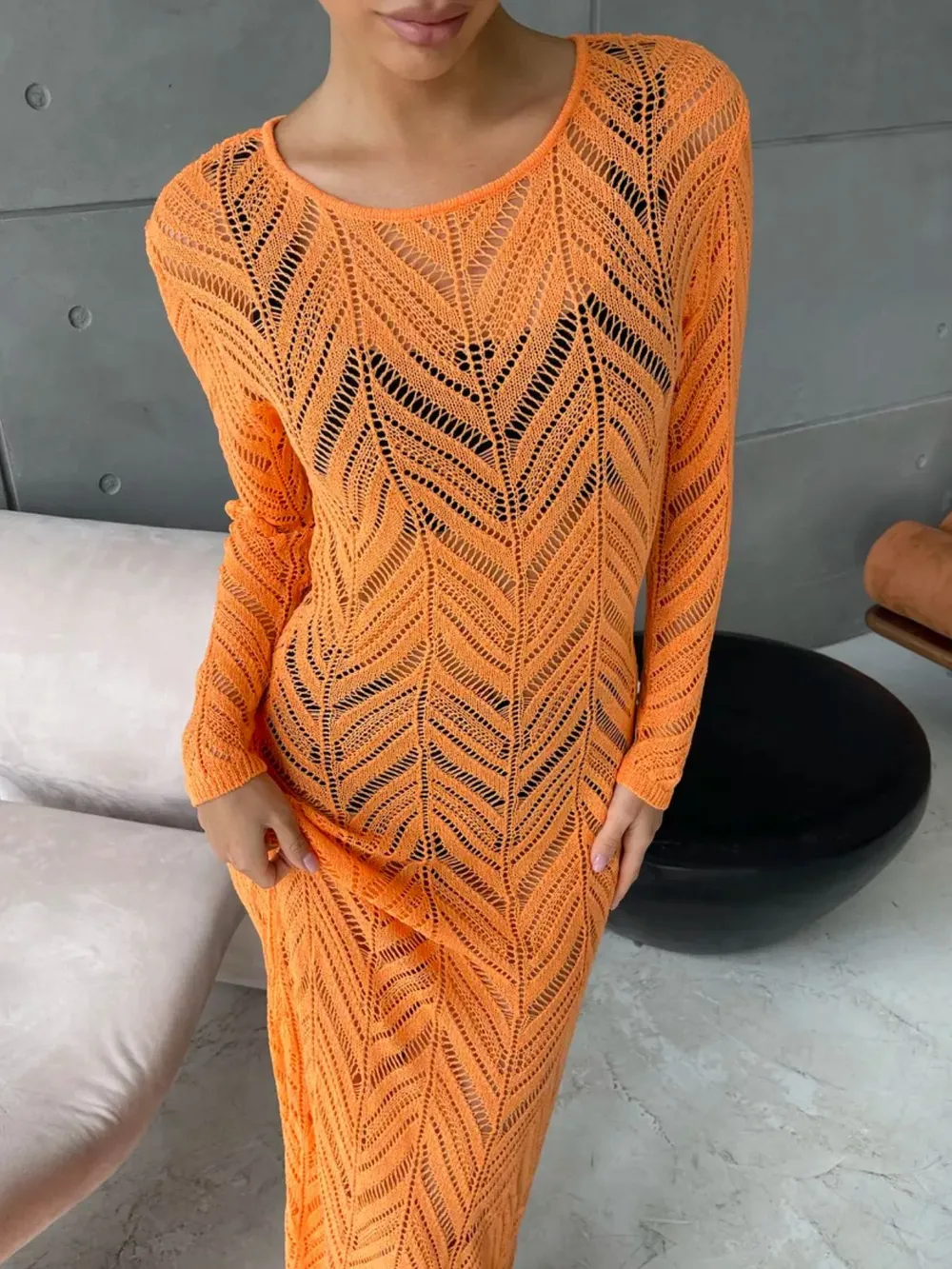 Openwork Long Sleeve Knit Cover Up Dress, image 10