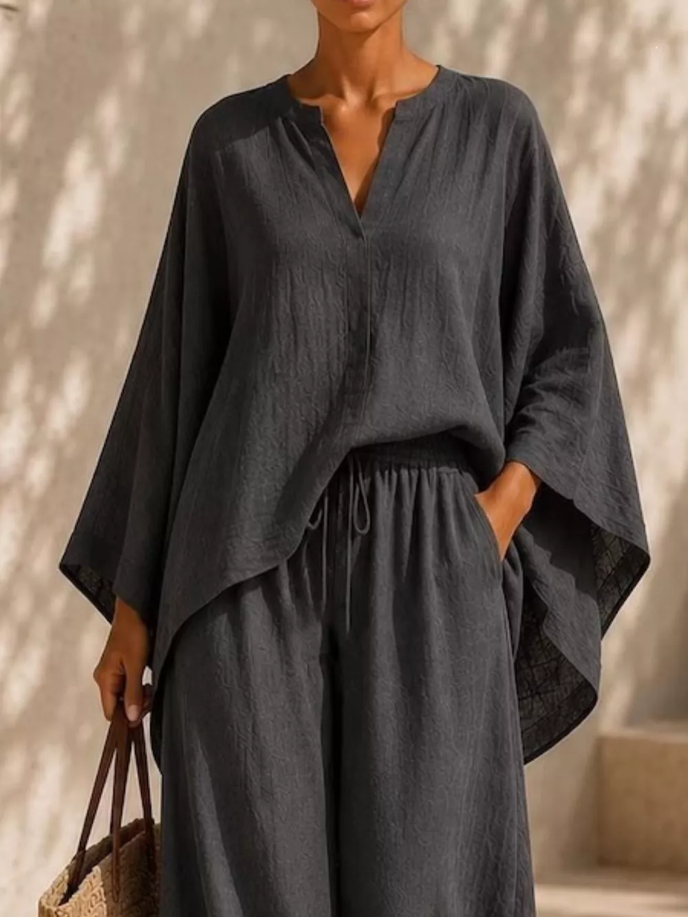 Full Size Notched Long Sleeve Top and Wide-Leg Pants Set Plus Size, image 10