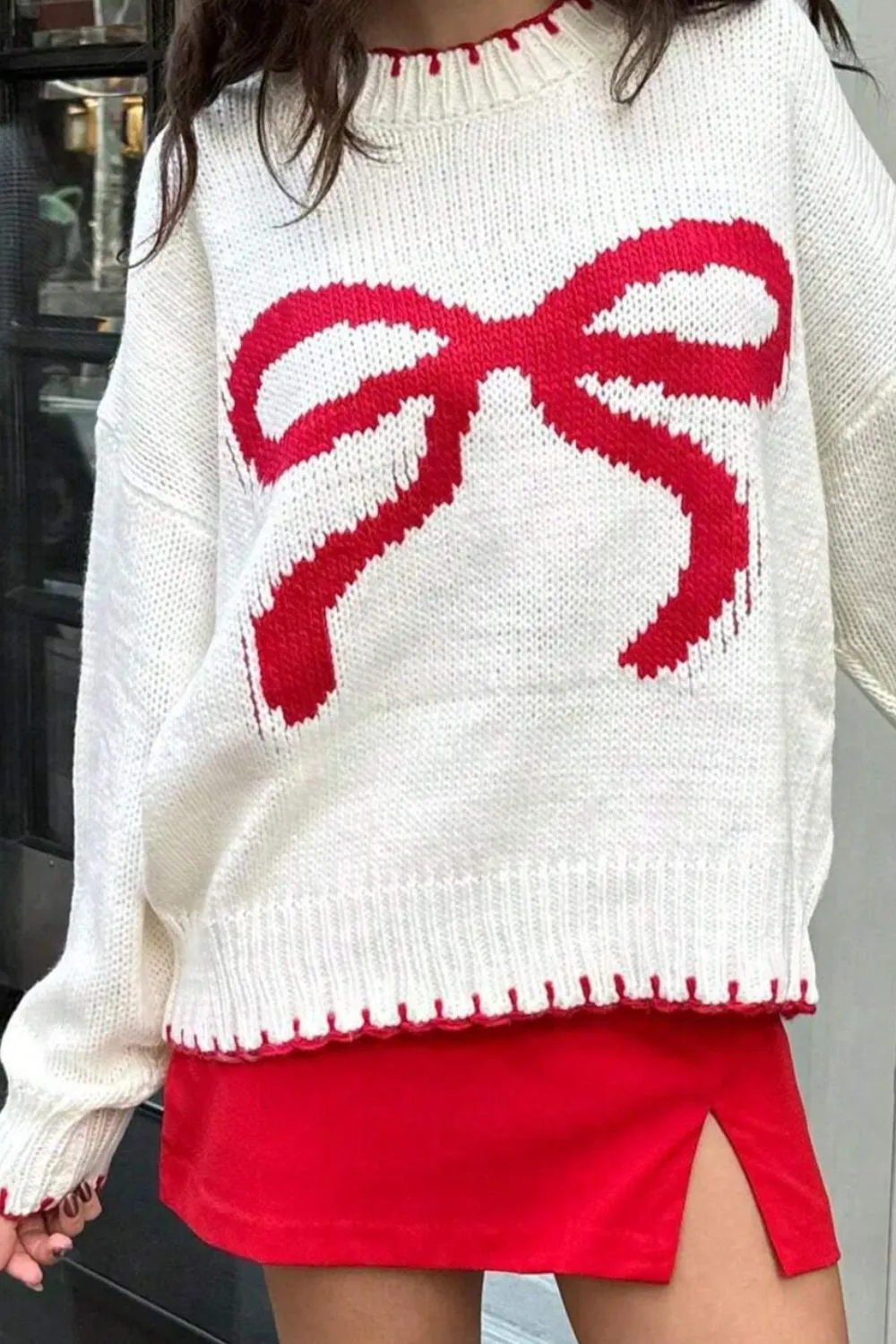 Bow Graphic Round Neck Long Sleeve Sweater, image 6