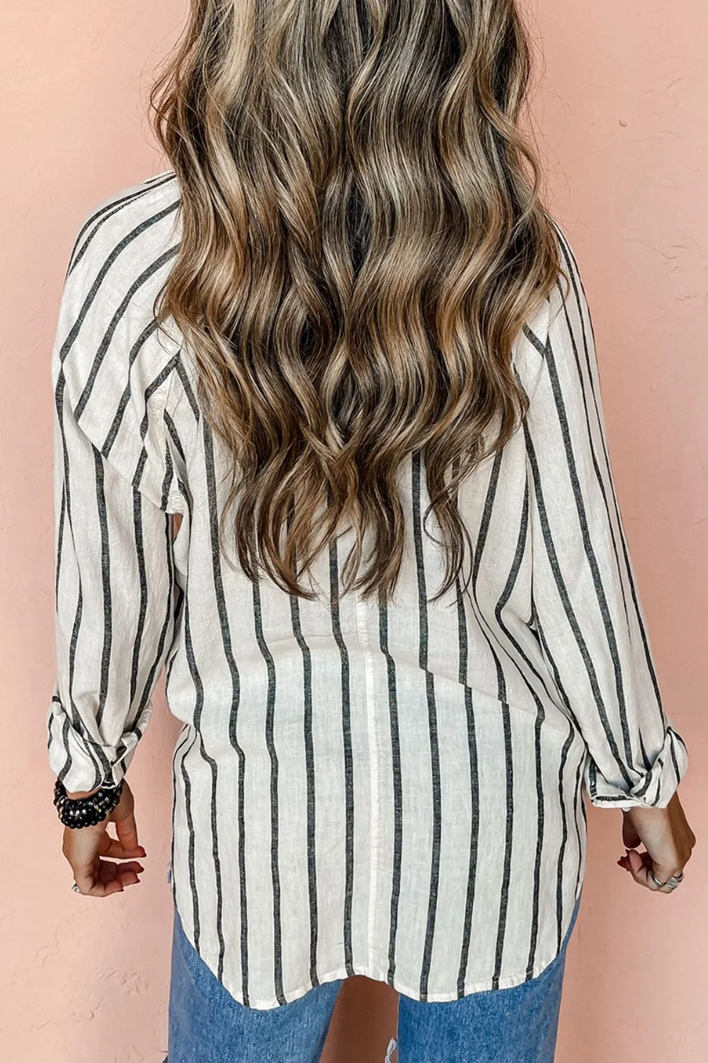 Pocketed Striped Collared Neck Long Sleeve Shirt, image 2