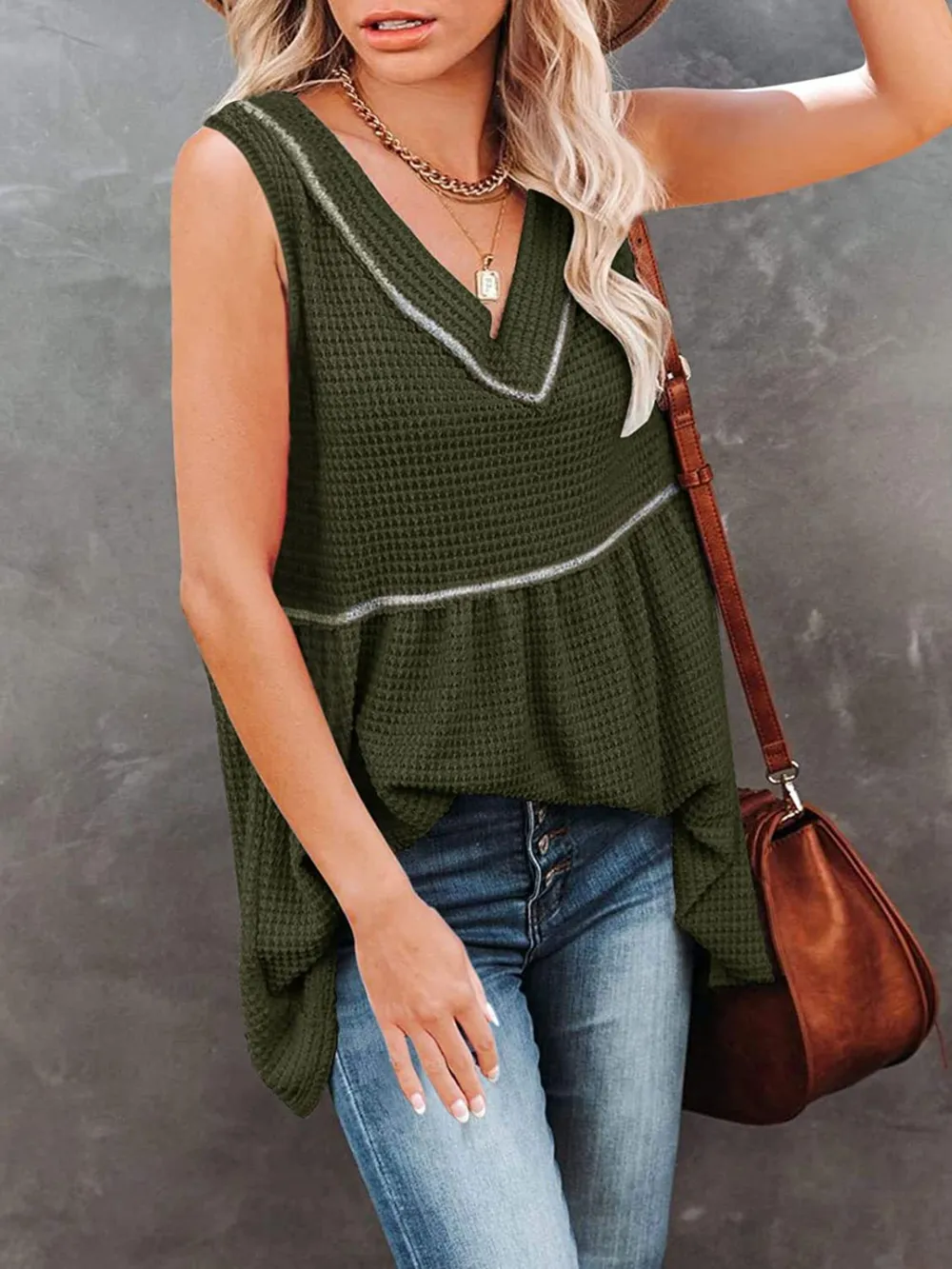 V-Neck Waffle Knit Tank Top with Contrast Stitching, image 20