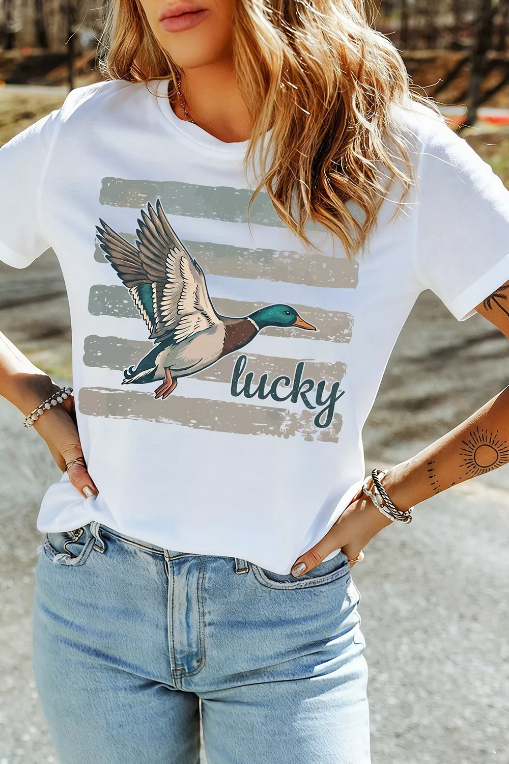 Full Size Retro Mallard Striped Print Casual Short Sleeve T Shirt Plus Size, image 6
