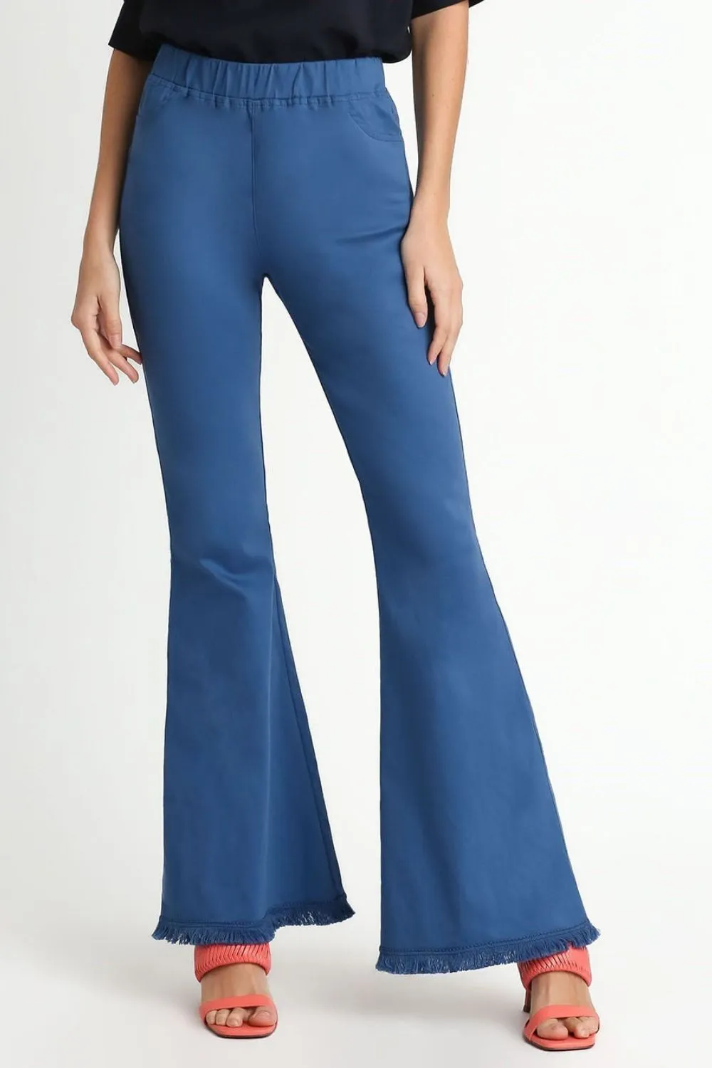 Full Size Wide Flare Leg Stretch Pants with Frayed Hem Plus Size