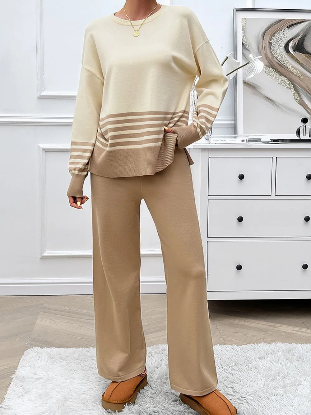 Slit Striped Round Neck Top and Pants Sweater Set, image 9