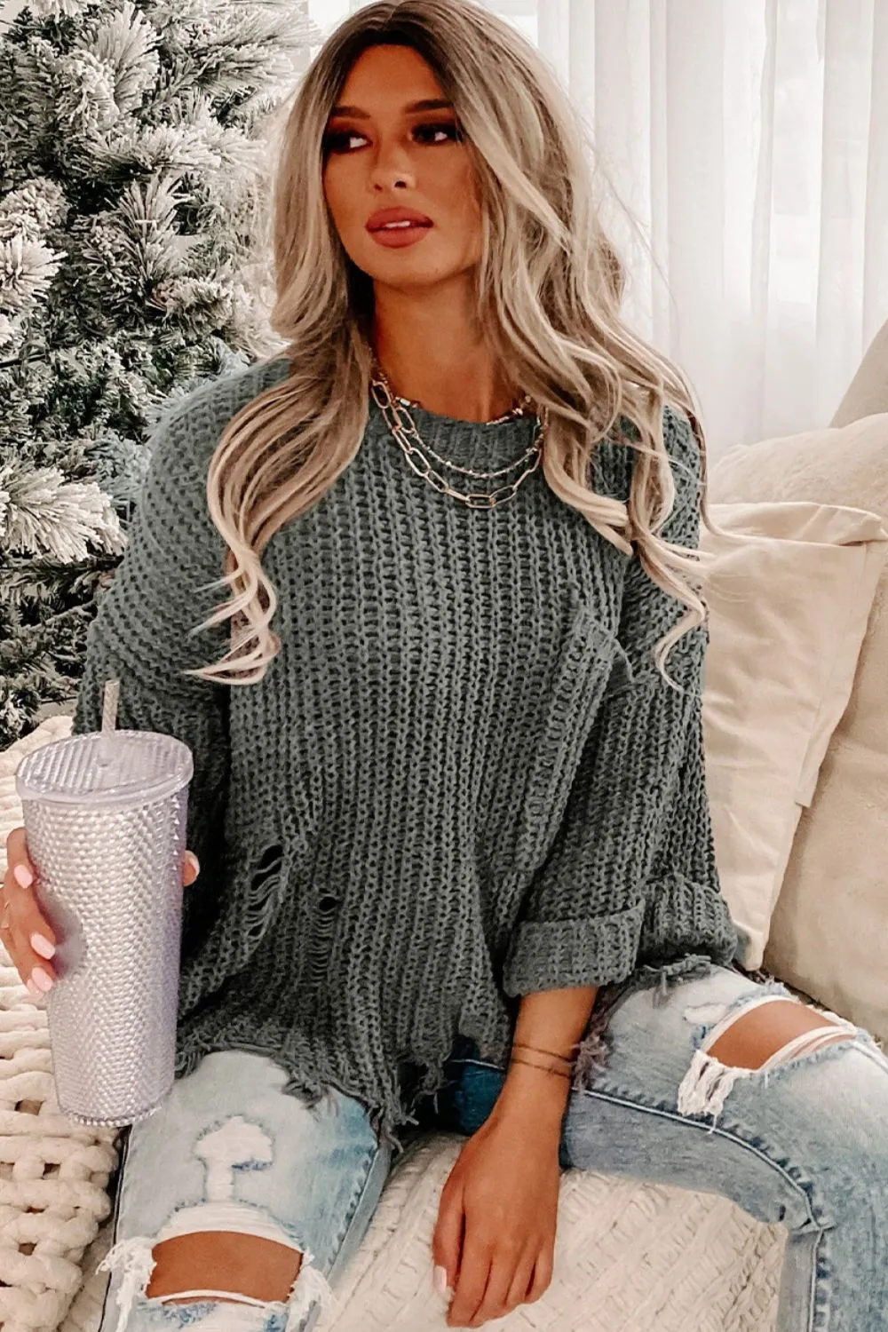 Distressed Round Neck Drop Shoulder Sweater, image 7