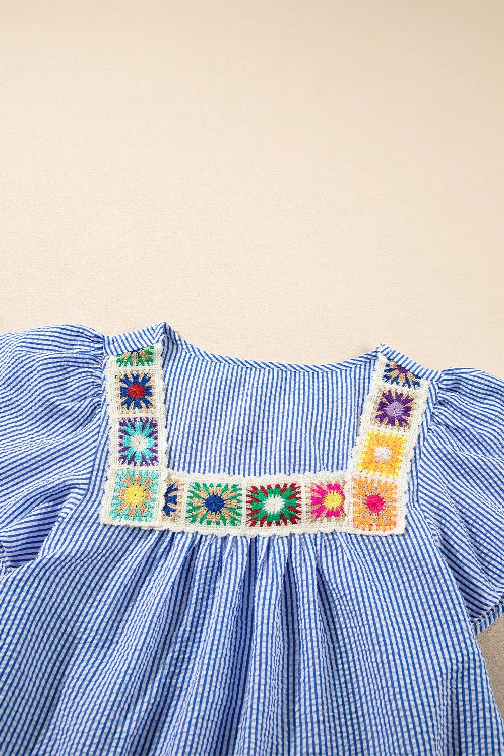 Stripe Textured Ruffle Short Sleeve Boho Detail Square Neck Blouse, image 8
