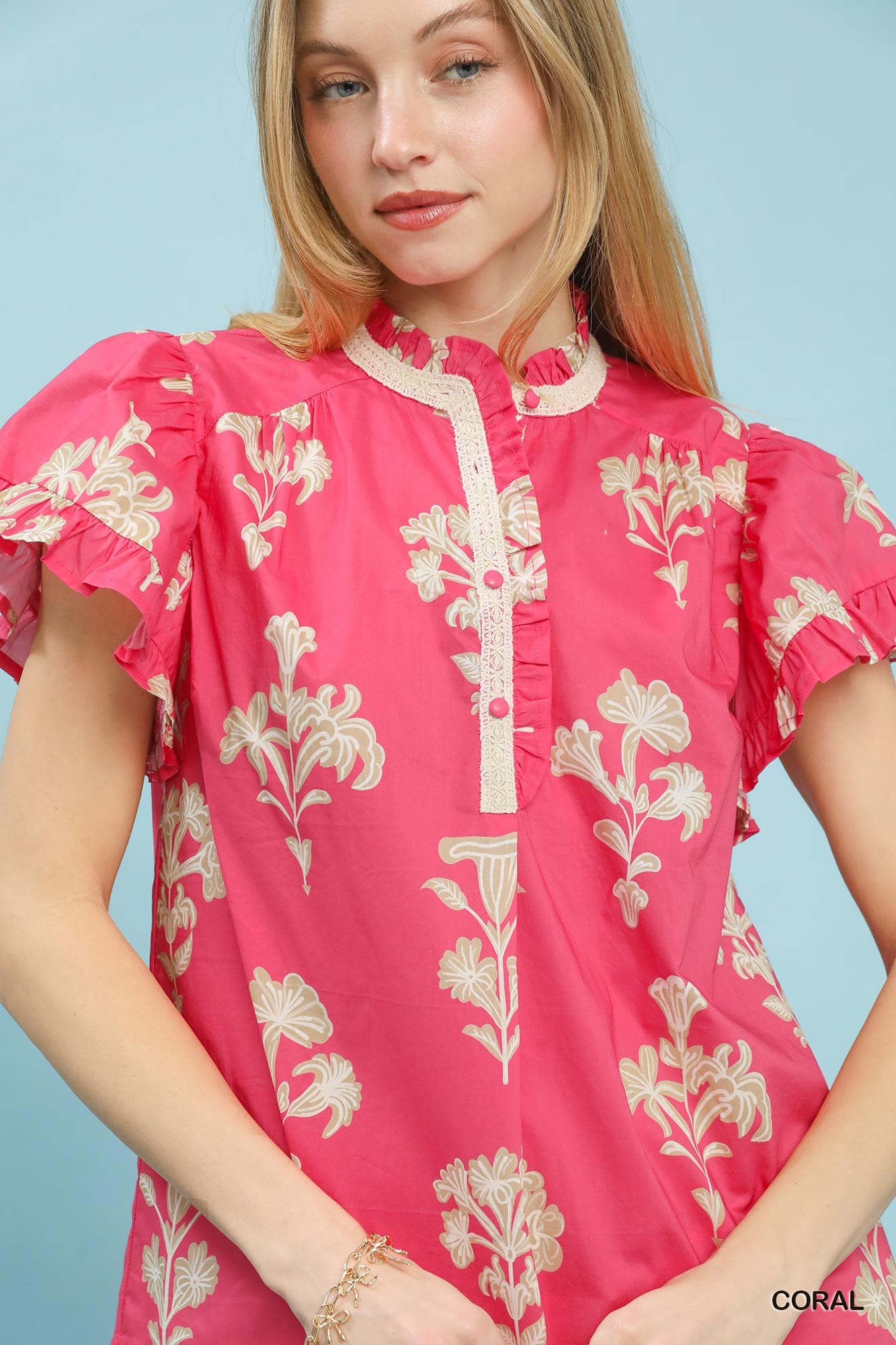 Floral Ruffle Sleeve Split-Neck Top, image 4