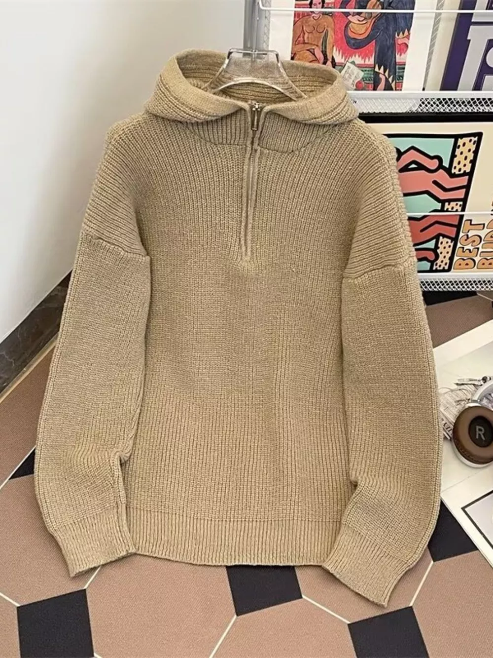 Men's Hooded Half Zip Knit Sweater, image 2