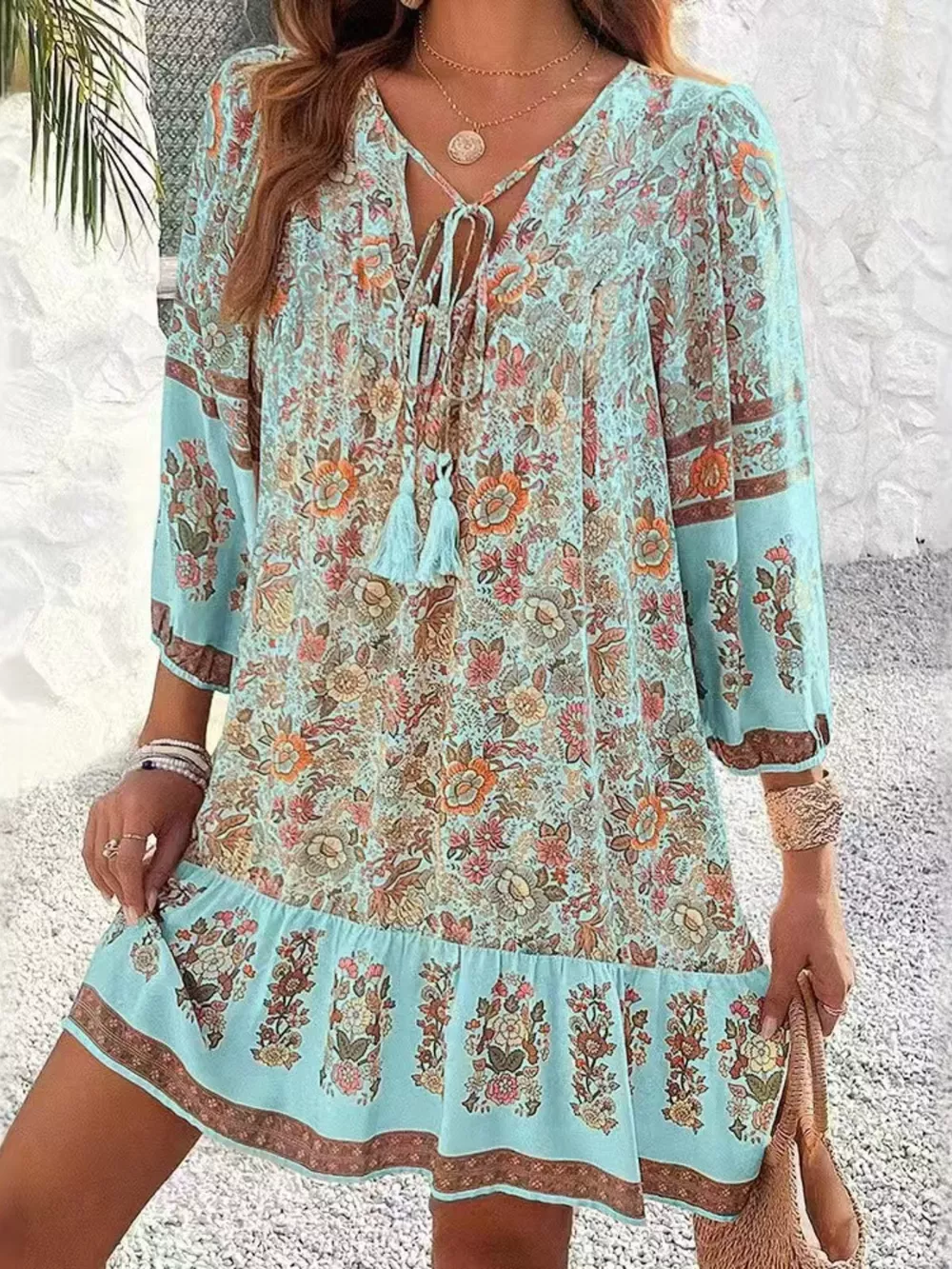Floral Print Tassel Tie Neck Mini Dress, image 8