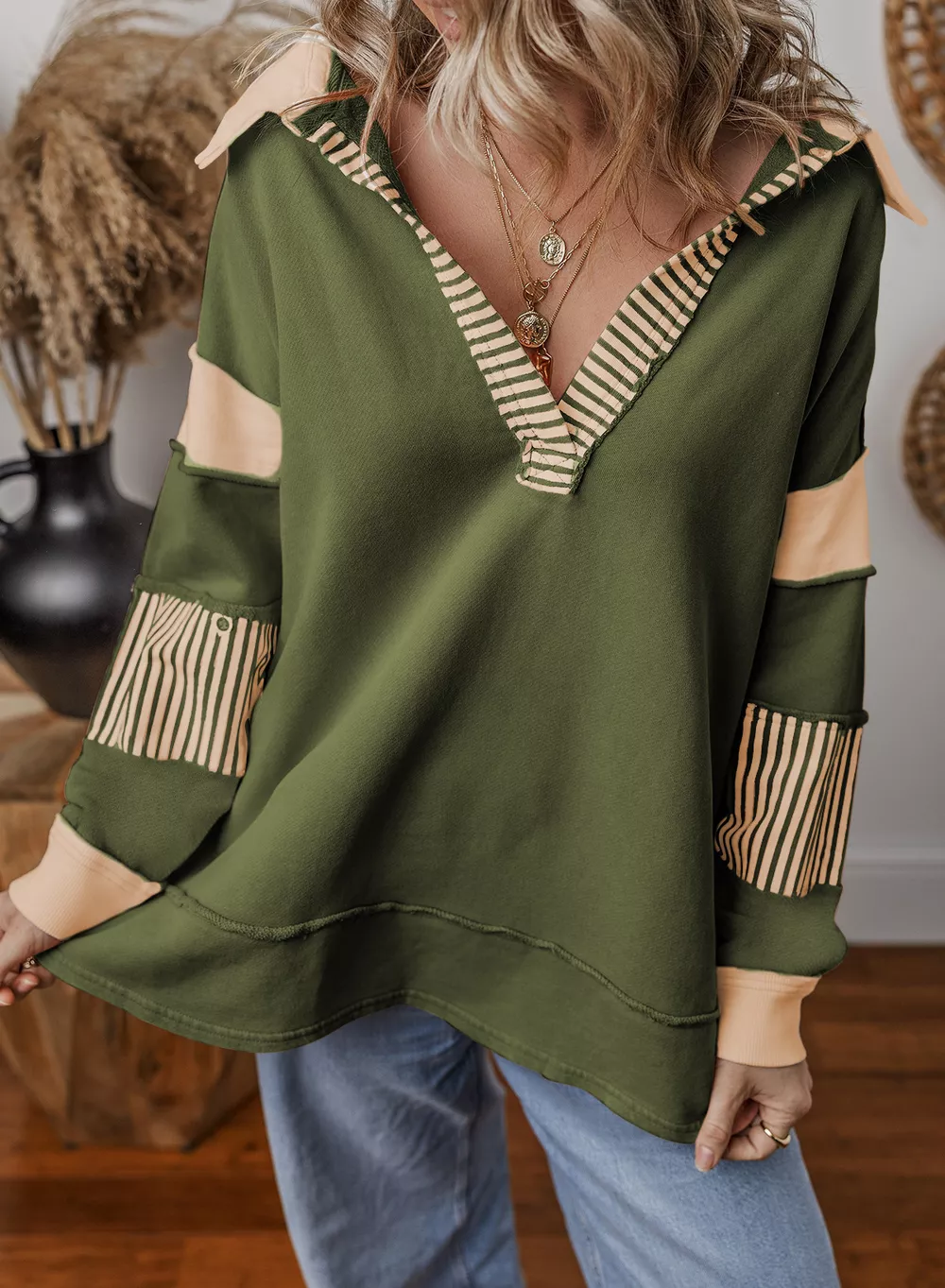 Color Block Striped Johnny Collar Sweatshirt, image 13
