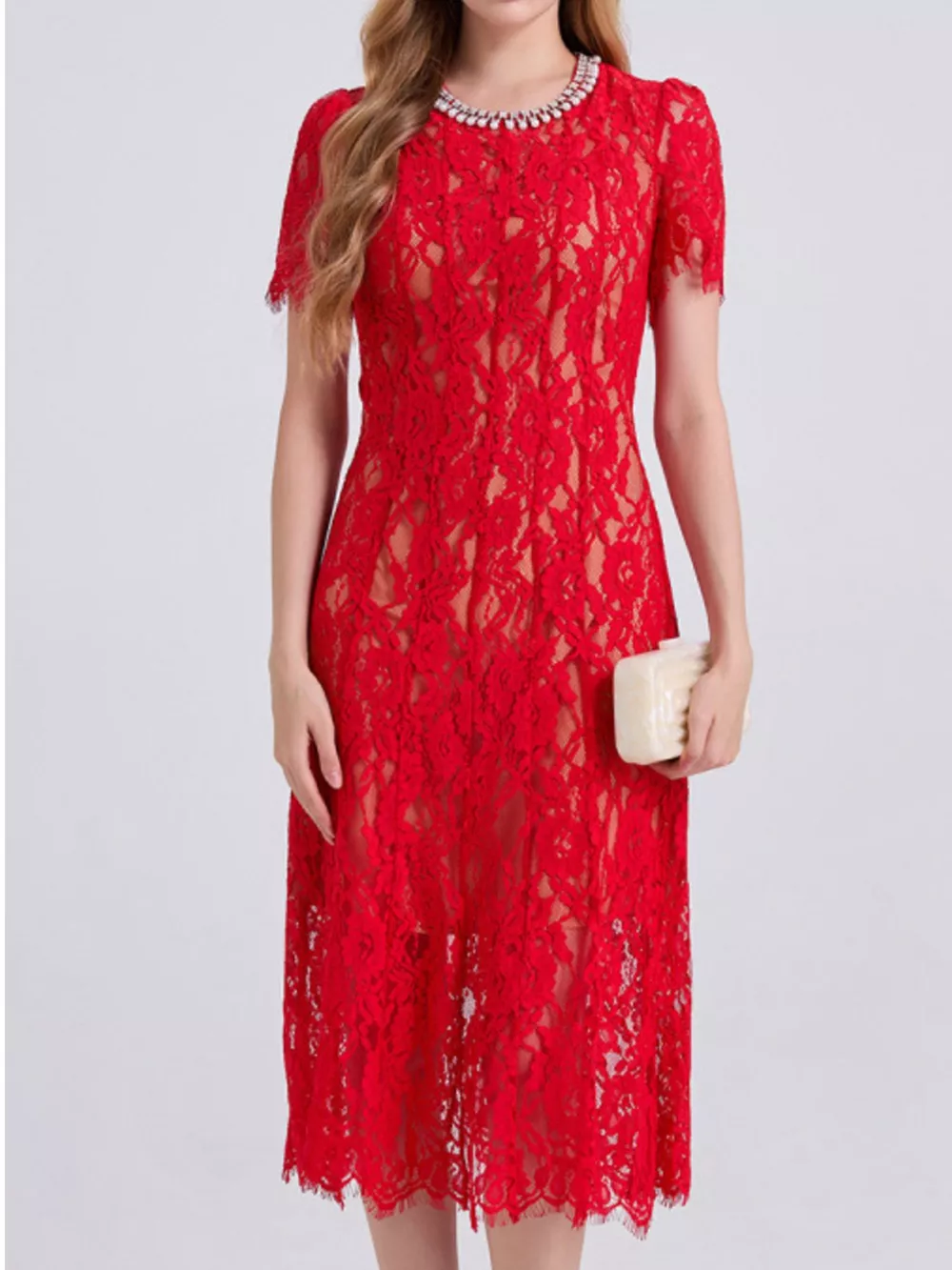 Lace Pearl Neckline Midi Dress, image 2