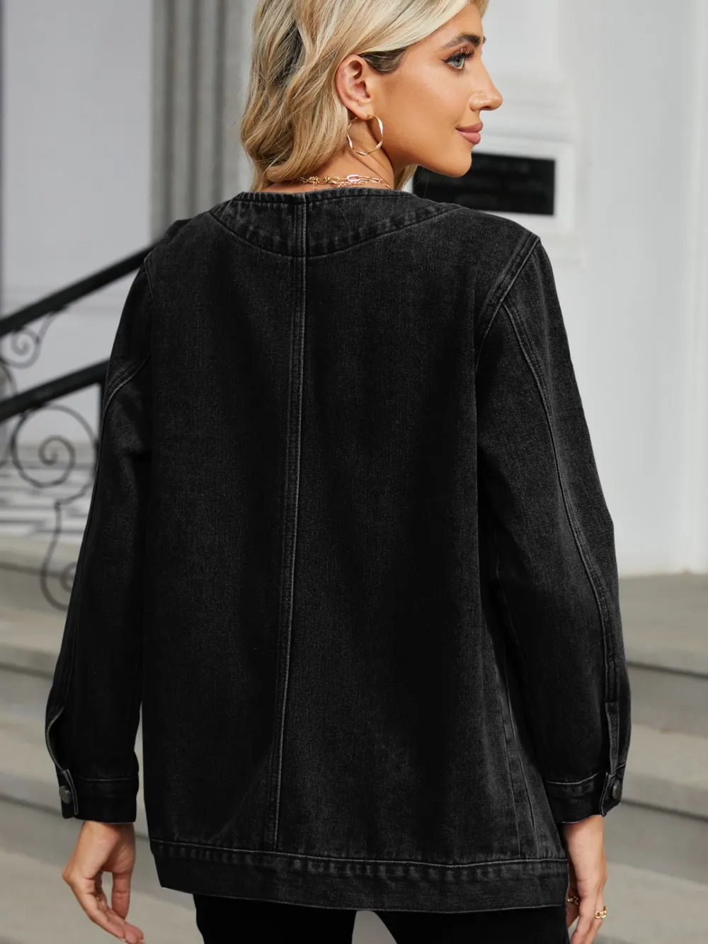Pocketed V-Neck Button Up Denim Jacket, image 4