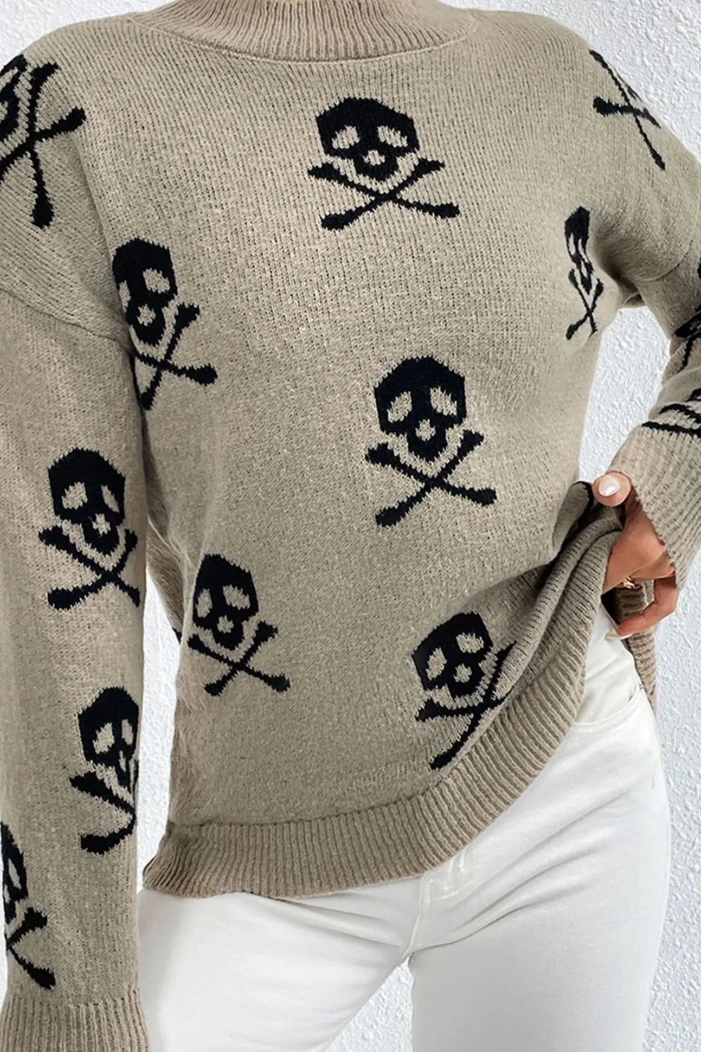 Graphic Mock Neck Dropped Shoulder Sweater, image 11