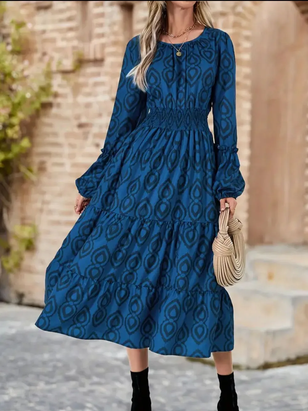 Printed Round Neck Balloon Sleeve Dress, image 4