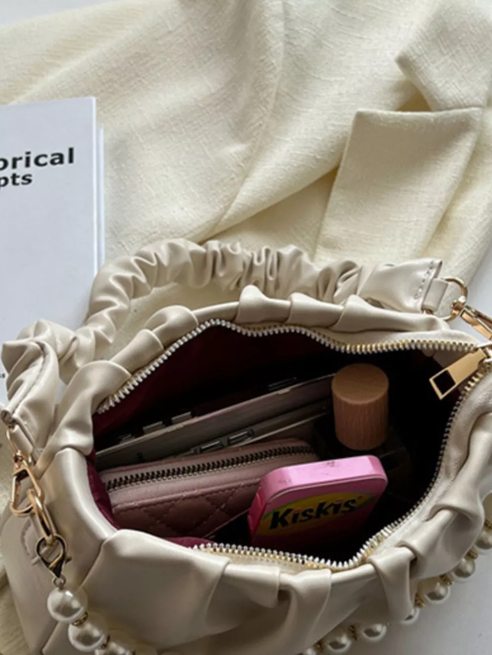 Ruched Shoulder Bag with Pearl Embellishment, image 8