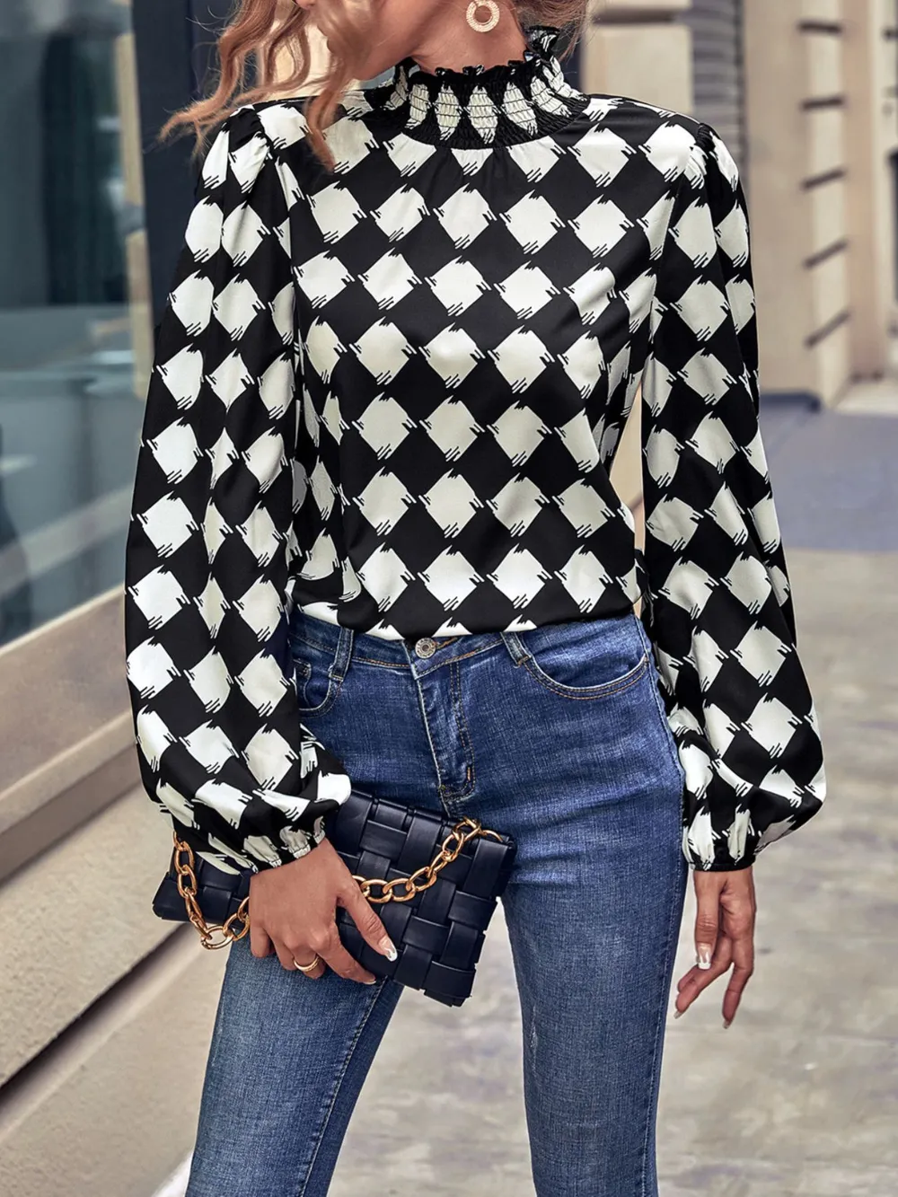 Checkered Pattern Balloon Sleeve Blouse, image 4