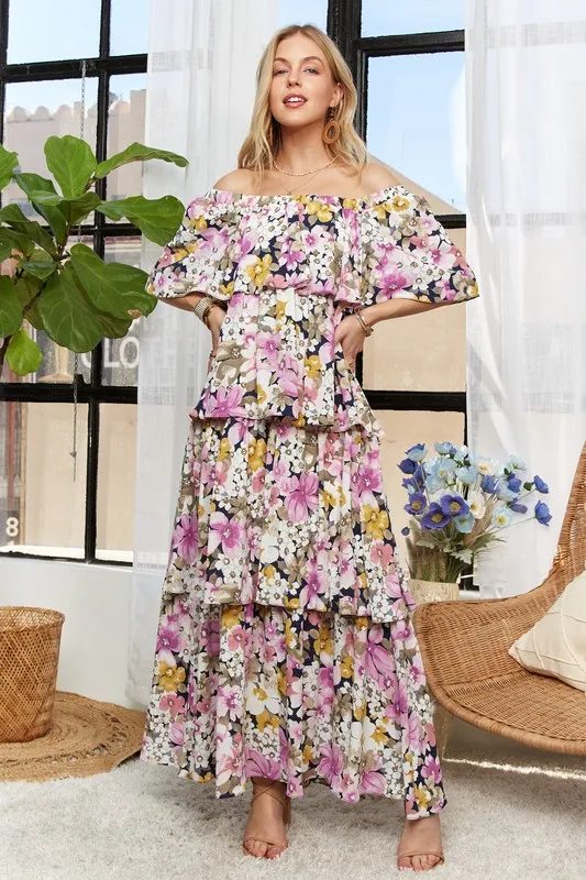 Layered Floral Off-Shoulder Short Sleeve Maxi Dress, image 6